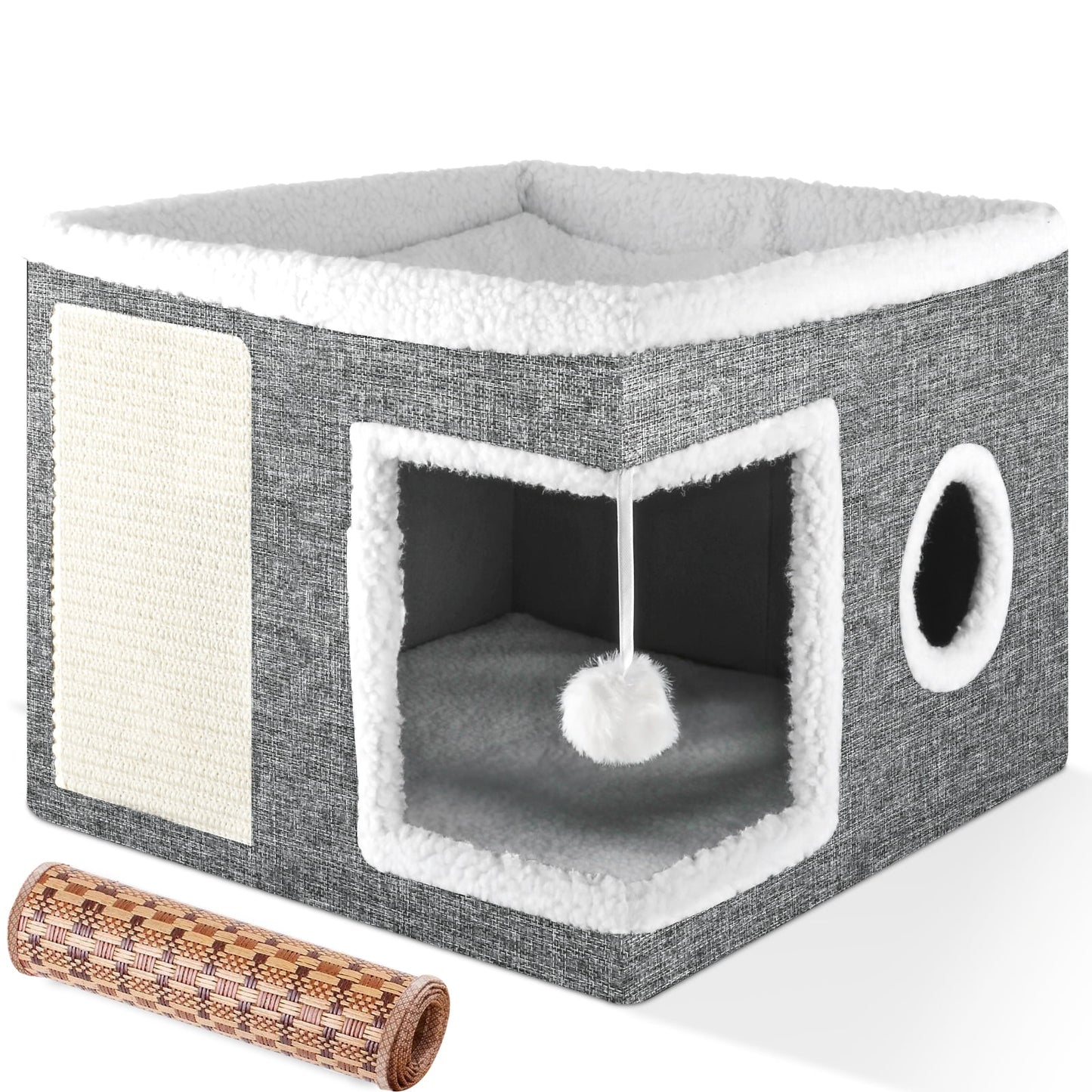 Cat Bed,  Cat House for Indoor Cats with 2 Cushion, Large Cat Cave with Scratch Pad and Fluffy Ball Hanging, Grey