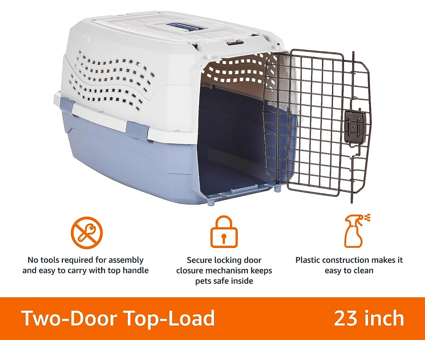 - 2-Door Top-Load Hard-Sided Dogs, Cats Pet Travel Carrier, Gray & Blue, 22.8"L X 15.0"W X 13.0"H