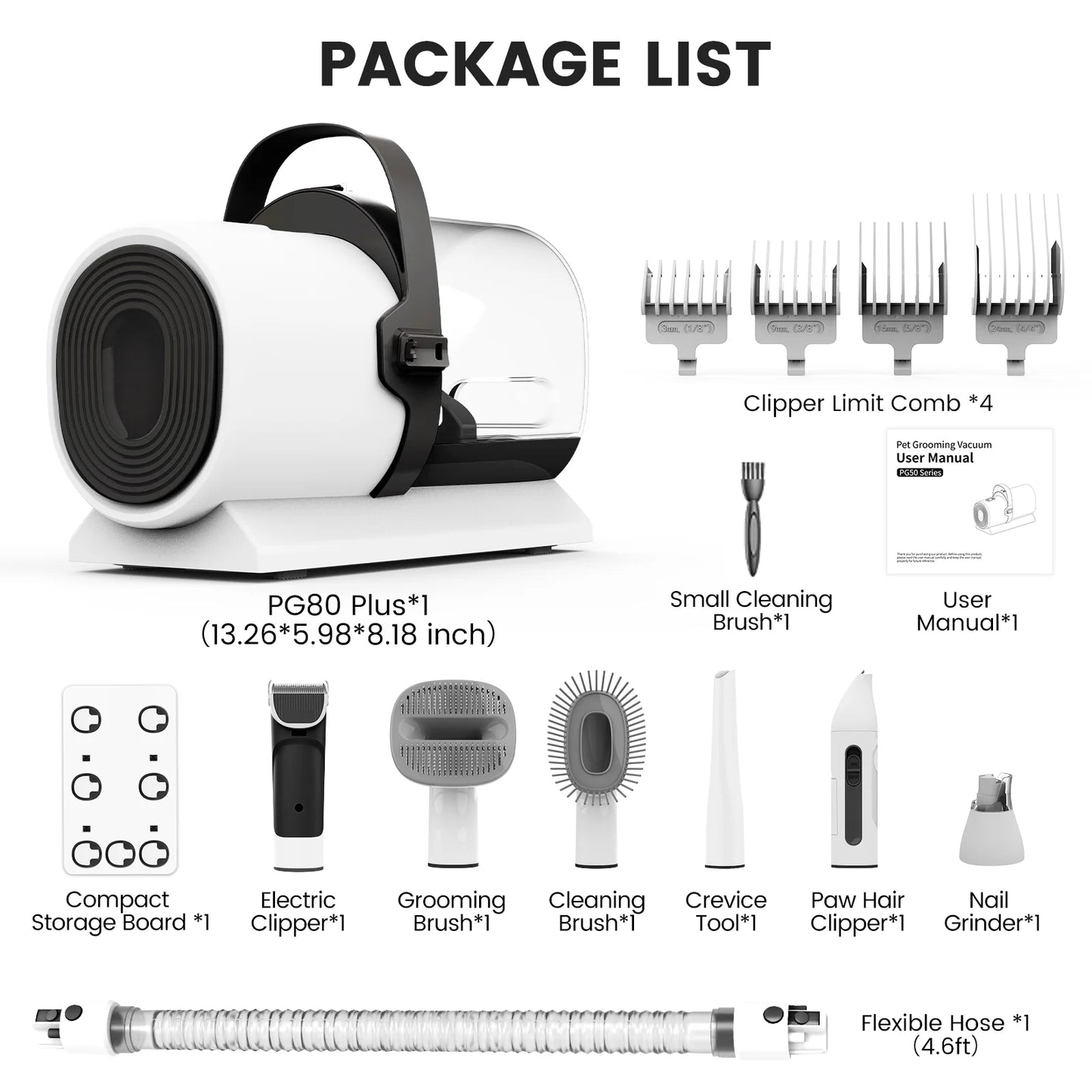 Dog Grooming Kit, 7 Grooming Tools, Pet Grooming Vacuum, Dog Clippers Kit, Low Noise, PG80PLUS