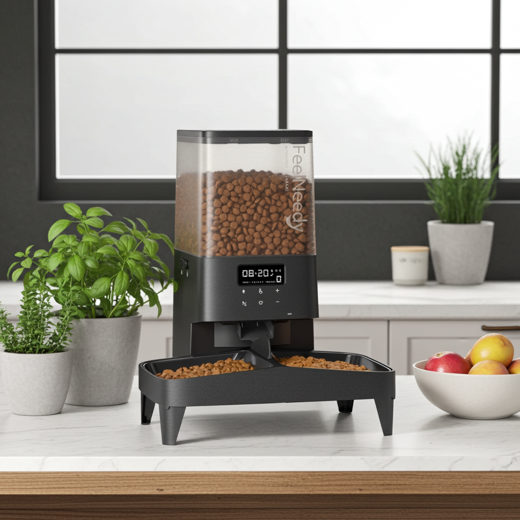 Pet food dispenser on a kitchen counter with plants and a bowl of fruit in the background