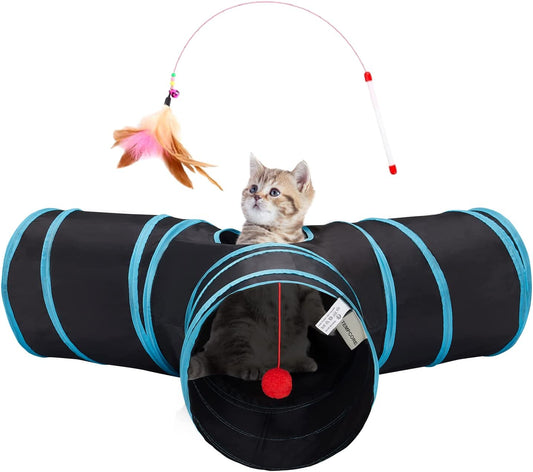 Pet Cat Tunnel Tube Toys 3 Way Collapsible, Tunnels for Indoor Cats,Kitty Bored Peek Hole Toy Ball Cat, Puppy, Kitty, Kitten, Rabbit