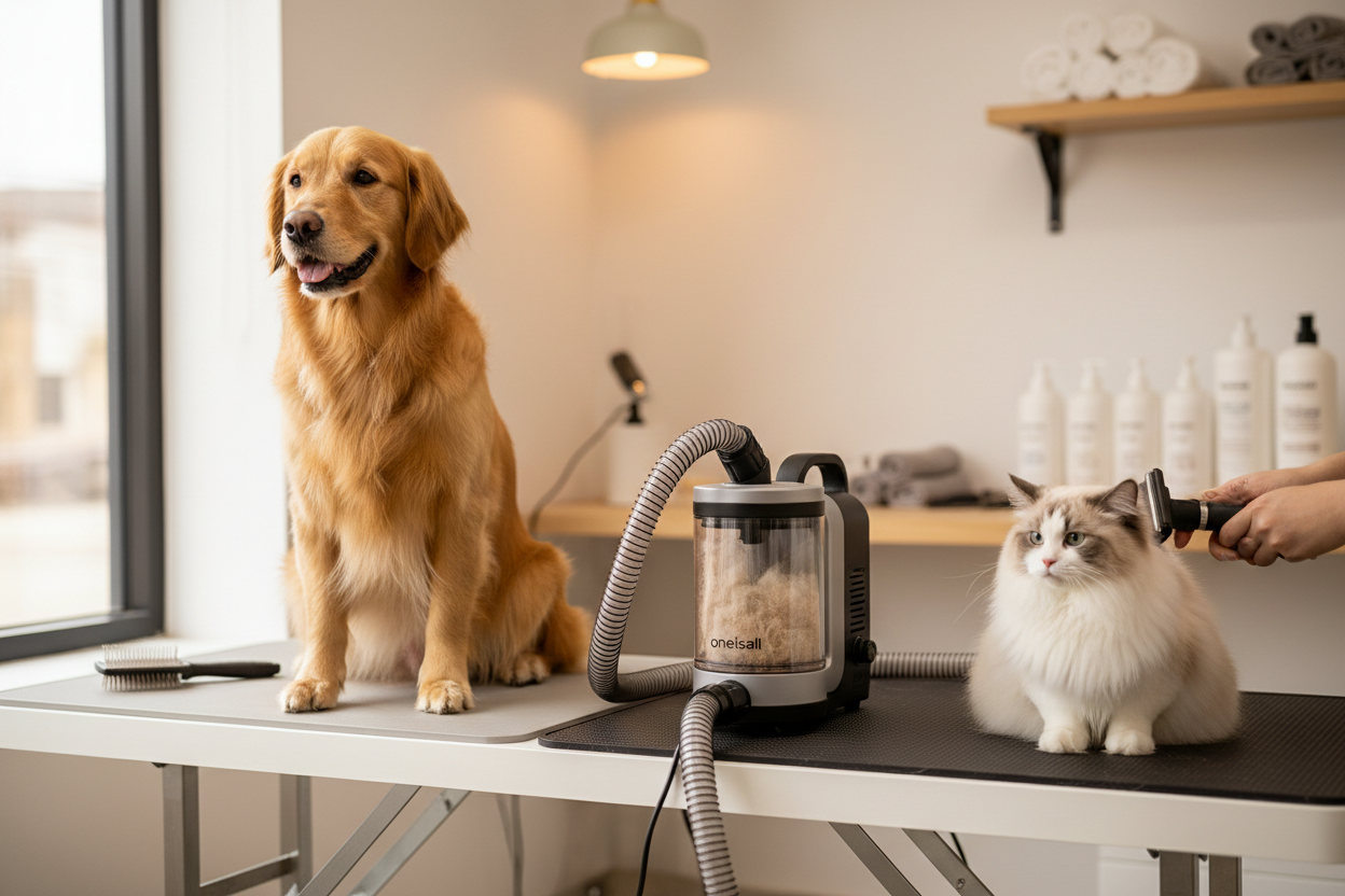 Generate a image of dogs and cats getting groomed by our oneisall pet grooming vacuum kit. Take the image of the product for the library.