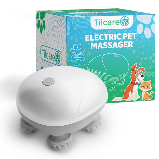 Handheld Pet Massager for Dogs and Cats by  - Electric Cat and Dog Massage Tool - Head and Back Scratcher for Relieving Tension, Tight Muscles and Stiffness with Four Rotating Massage Heads