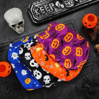 4 Pieces Halloween Dog Shirt Dog Clothes Pet Costume Pumpkin Ghosts Bats Skeletons Printed Puppy Apparel Clothes for Halloween Parties(M/ 5—7Lbs)