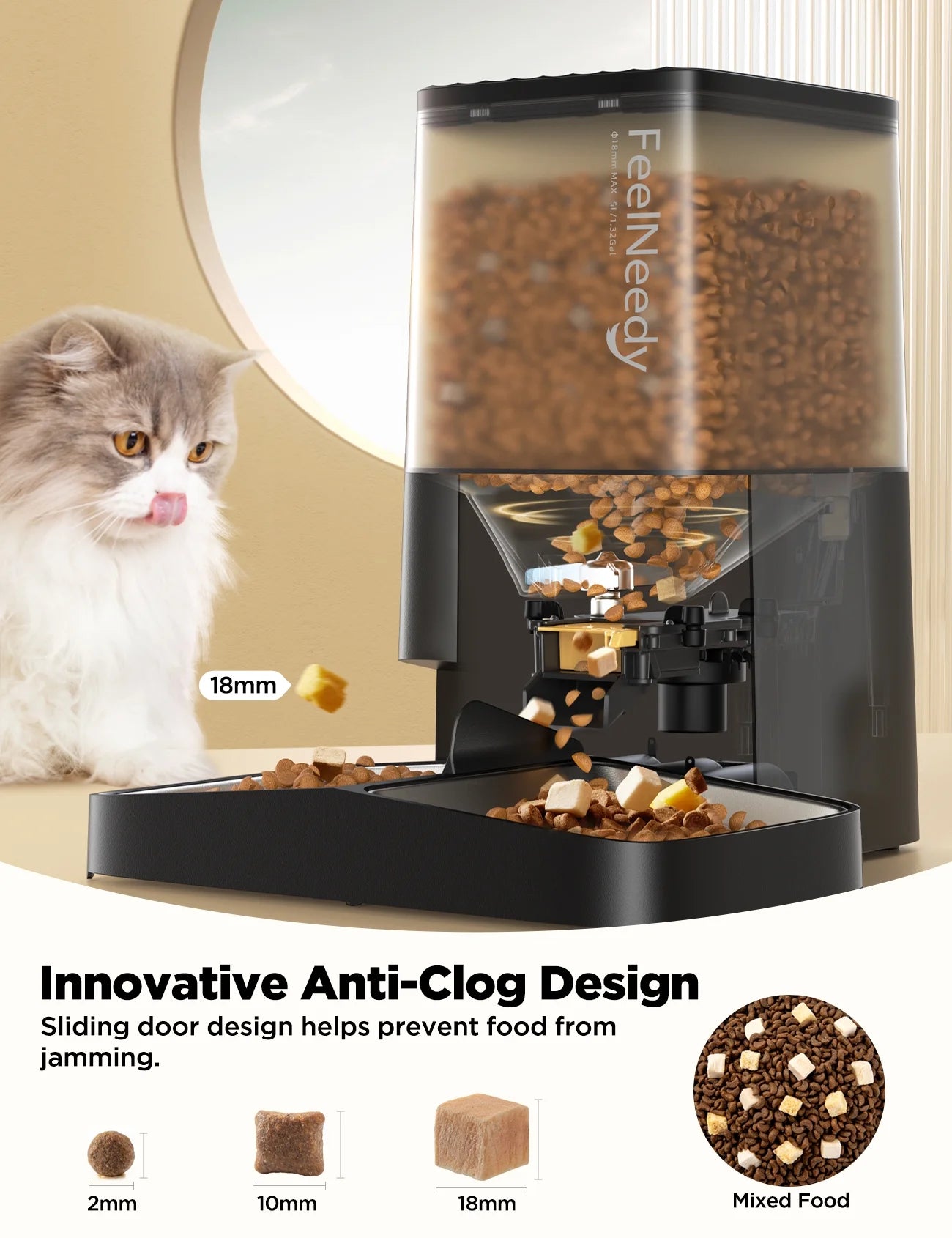 Automatic Cat Feeder, 5L Timed Pet Food Dispenser, Elevated Cat Dog Feeder with 2 Stainless Steel Bowls, Black