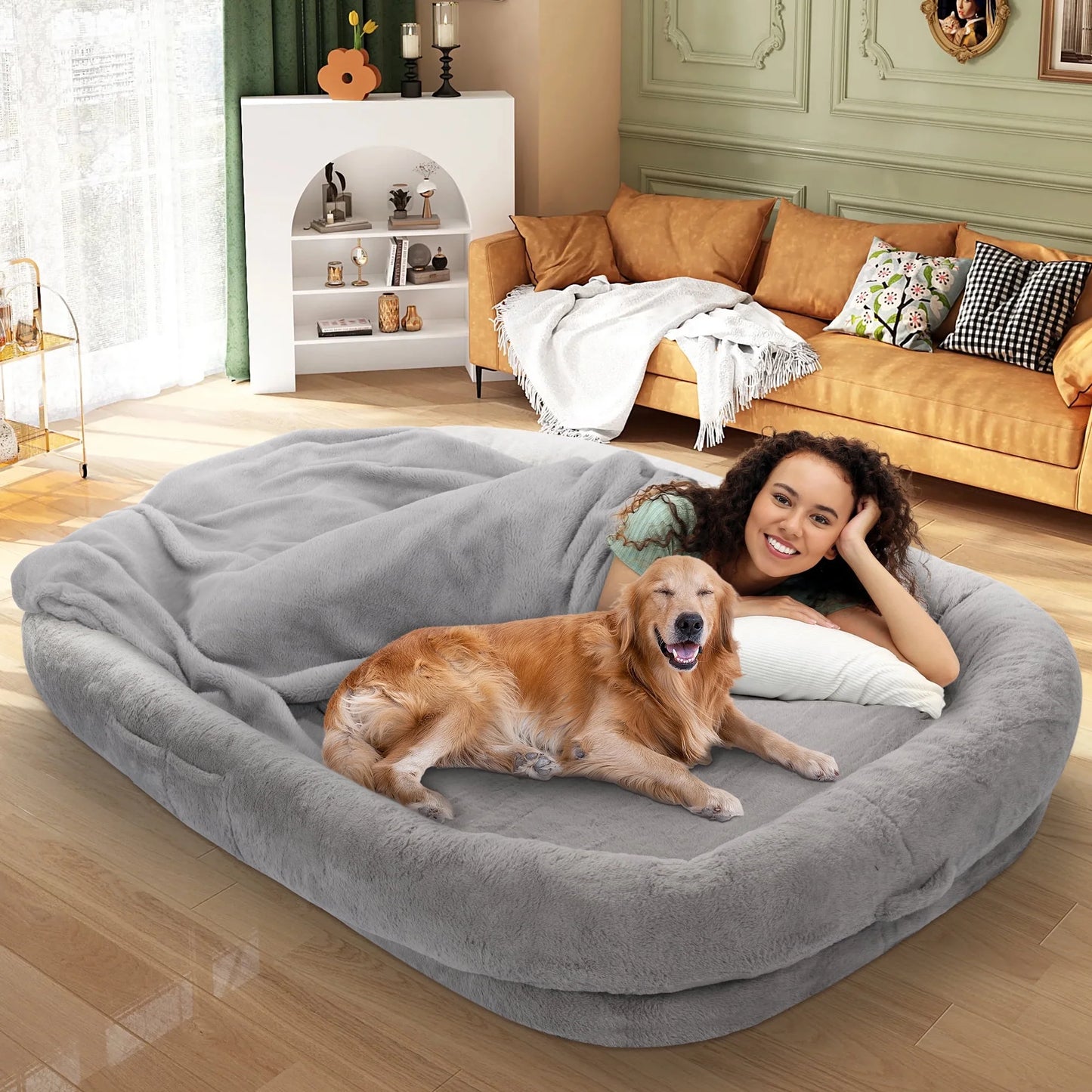 Human Dog Bed with Blanket,Large Dog Bed 72'' X 48'' X 10'', Washable Fur Cover, Memory Foam, Grey
