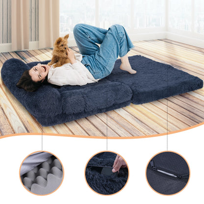 Foldable Human Dog Bed for Adult, Orthopedic Memory Foam Dog Bed for Humans, Waterproof Human Dog Bed for People, Faux Fur Human Sized Dog Bed,Black