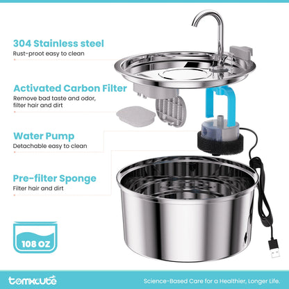 3.2L/108Oz Cat Water Fountain Premium Stainless Steel with 3 Filters, Automatic Pet Fountain Dispenser for Cats Dogs, with Ultra-Quiet Pump