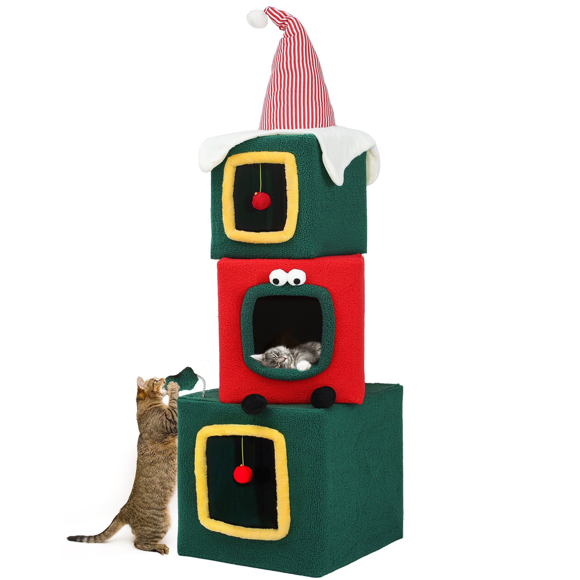 Christmas Cat Tree with Cat House Cat Tower for Indoor Cats with Cat Condos
