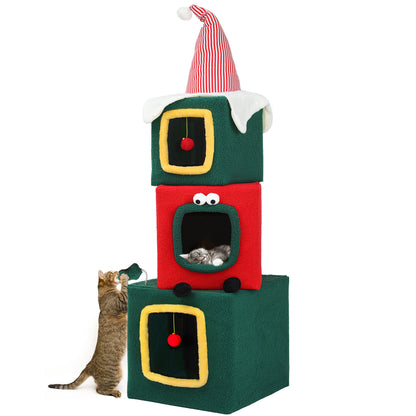 Christmas Cat Tree with Cat House Cat Tower for Indoor Cats with Cat Condos