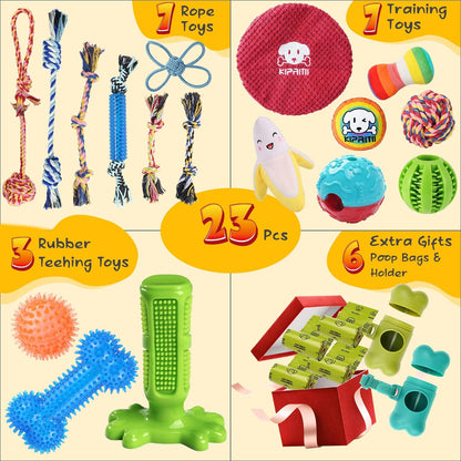 Dog Chew Toys for Puppy - 23 Pack Puppies Teething Chew Toys for Boredom, Pet Dog Toothbrush Chew Toys with Rope Toys, Treat Balls and Dog Squeaky Toy for Puppy and Small Dogs