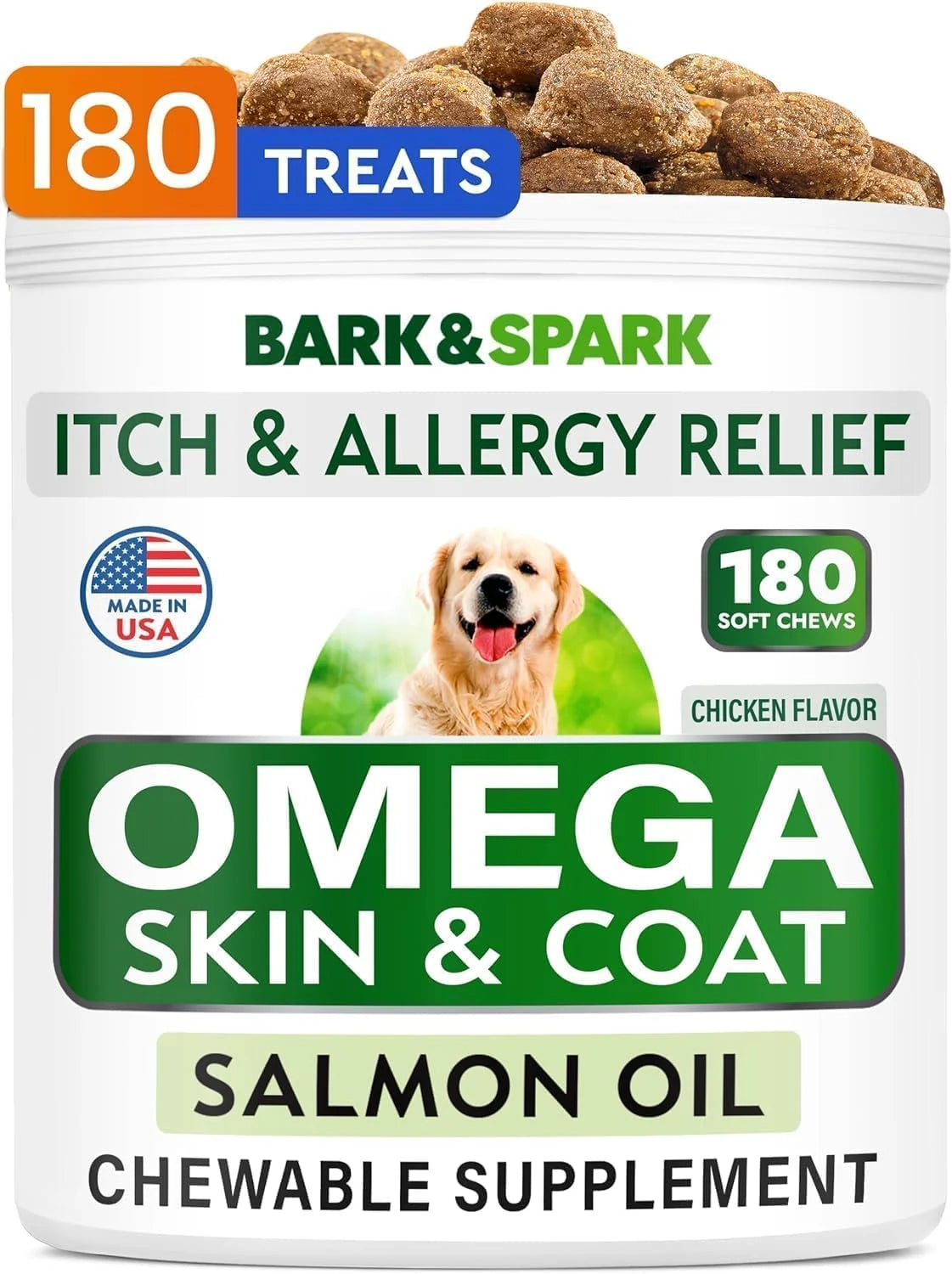 Omega 3 for Dogs - 180 Fish Oil Treats for Dog Shedding, Skin Allergy, Itch Relief, Hot Spots Treatment - Joint Health - Skin and Coat Supplement - EPA & DHA Fatty Acids - Salmon Oil