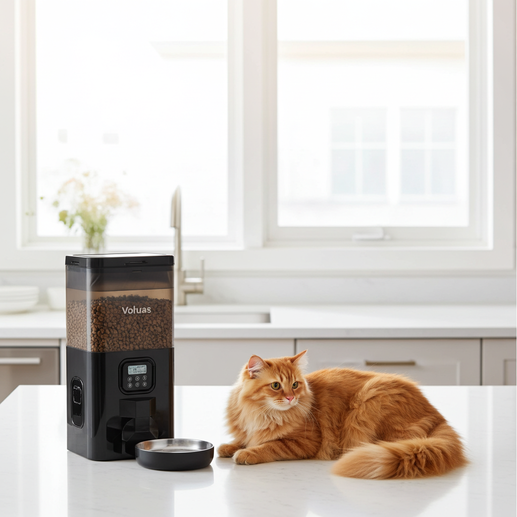 Cat lying on a kitchen counter next to an automatic pet feeder with visible brand name.