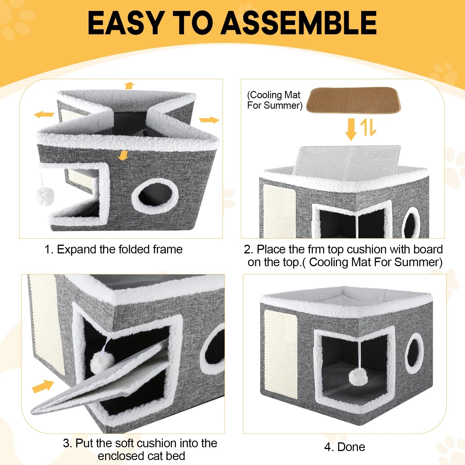 Cat Bed,  Cat House for Indoor Cats with 2 Cushion, Large Cat Cave with Scratch Pad and Fluffy Ball Hanging, Grey