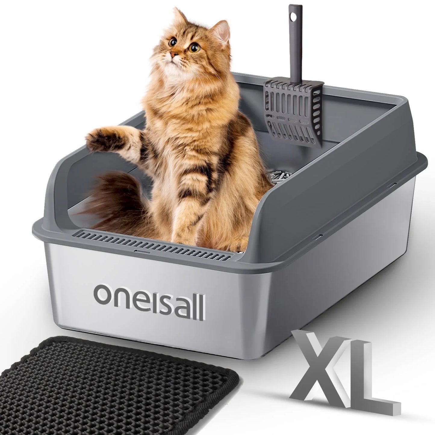 XL Stainless Steel Cat Litter Box for Multiple Cats, MS-60 Metal Cat Litter Box with Scoop & Mat, Dark Gray