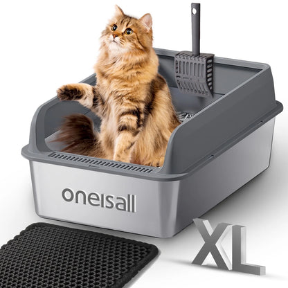XL Stainless Steel Cat Litter Box for Multiple Cats, MS-60 Metal Cat Litter Box with Scoop & Mat, Dark Gray