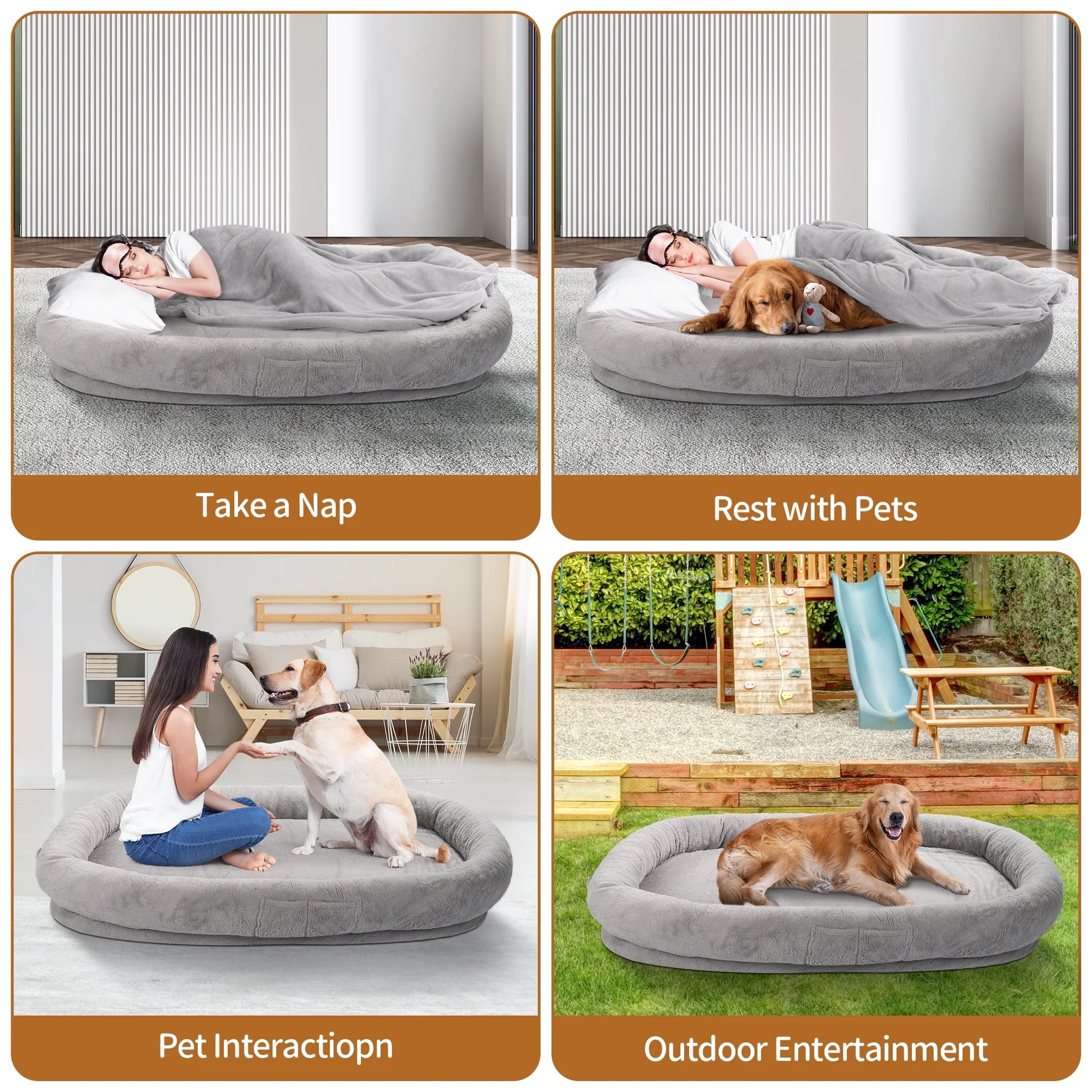 Human Dog Bed with Blanket,Large Dog Bed 72'' X 48'' X 10'', Washable Fur Cover, Memory Foam, Grey