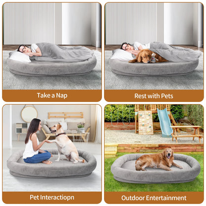 Human Dog Bed with Blanket,Large Dog Bed 72'' X 48'' X 10'', Washable Fur Cover, Memory Foam, Grey
