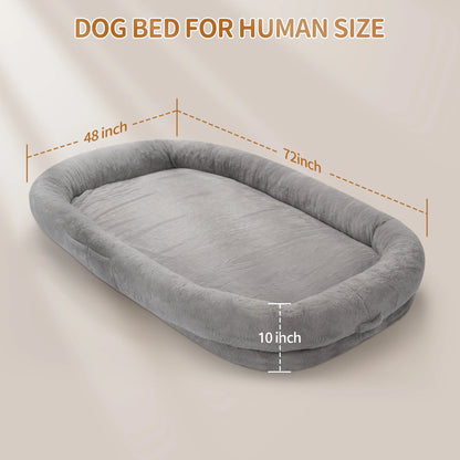 Human Dog Bed with Blanket,Large Dog Bed 72'' X 48'' X 10'', Washable Fur Cover, Memory Foam, Grey