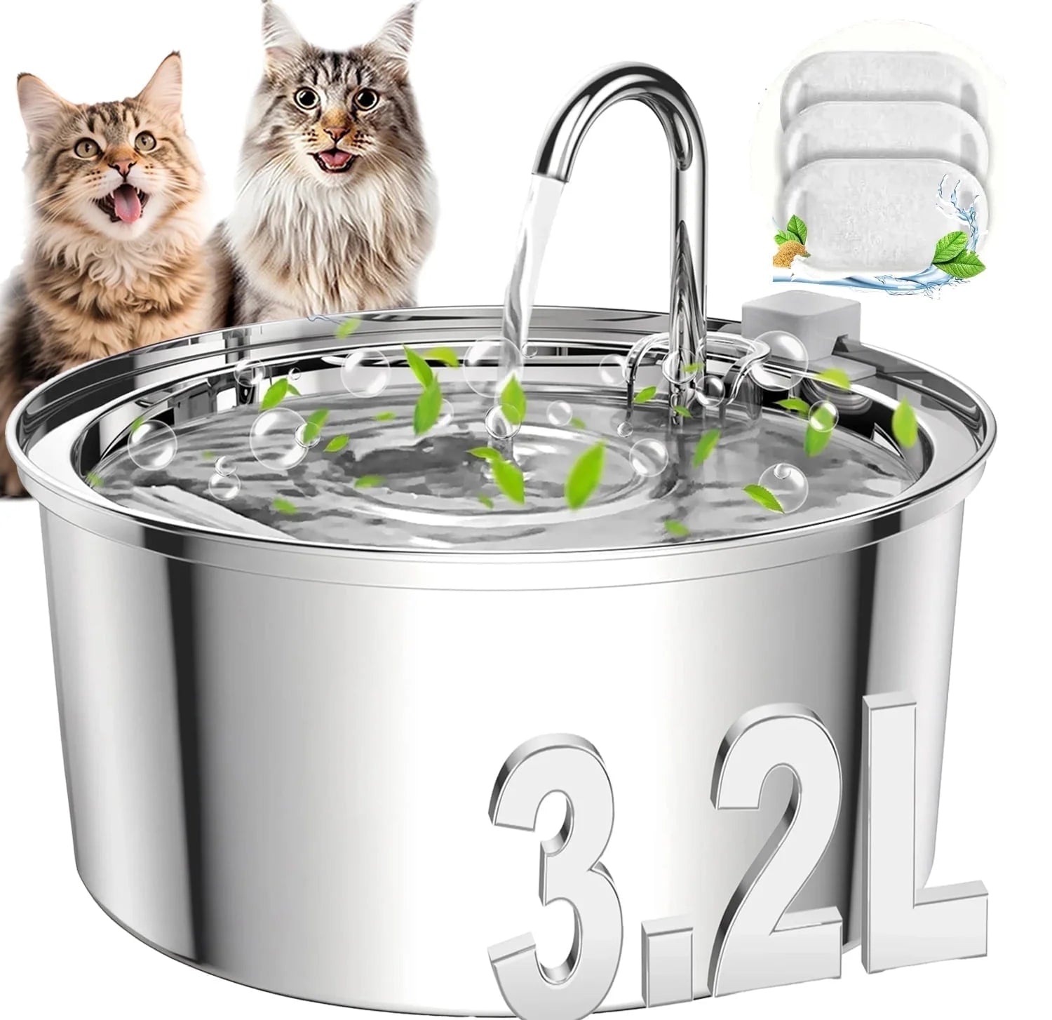 3.2L/108Oz Cat Water Fountain Premium Stainless Steel with 3 Filters, Automatic Pet Fountain Dispenser for Cats Dogs, with Ultra-Quiet Pump