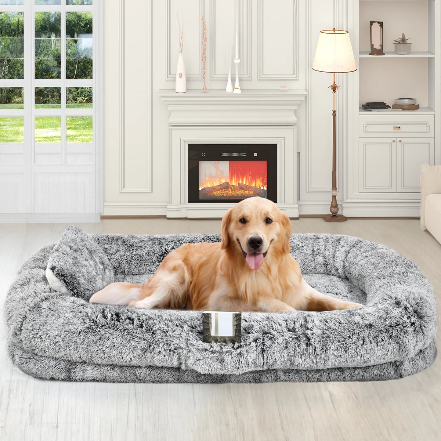 Human Dog Bed, Oversized Memory Foam Dog Bed, 79"X43" with Blanket and Pillow, Removable Fur Cover, Grey