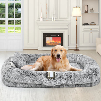 Human Dog Bed, Oversized Memory Foam Dog Bed, 79"X43" with Blanket and Pillow, Removable Fur Cover, Grey
