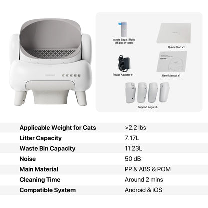 M1 Lite plus Self Cleaning Cat Litter Box, Open-Top Large Automatic Cat Litter Tray with APP Control,Odor-Free Waste Disposal,White