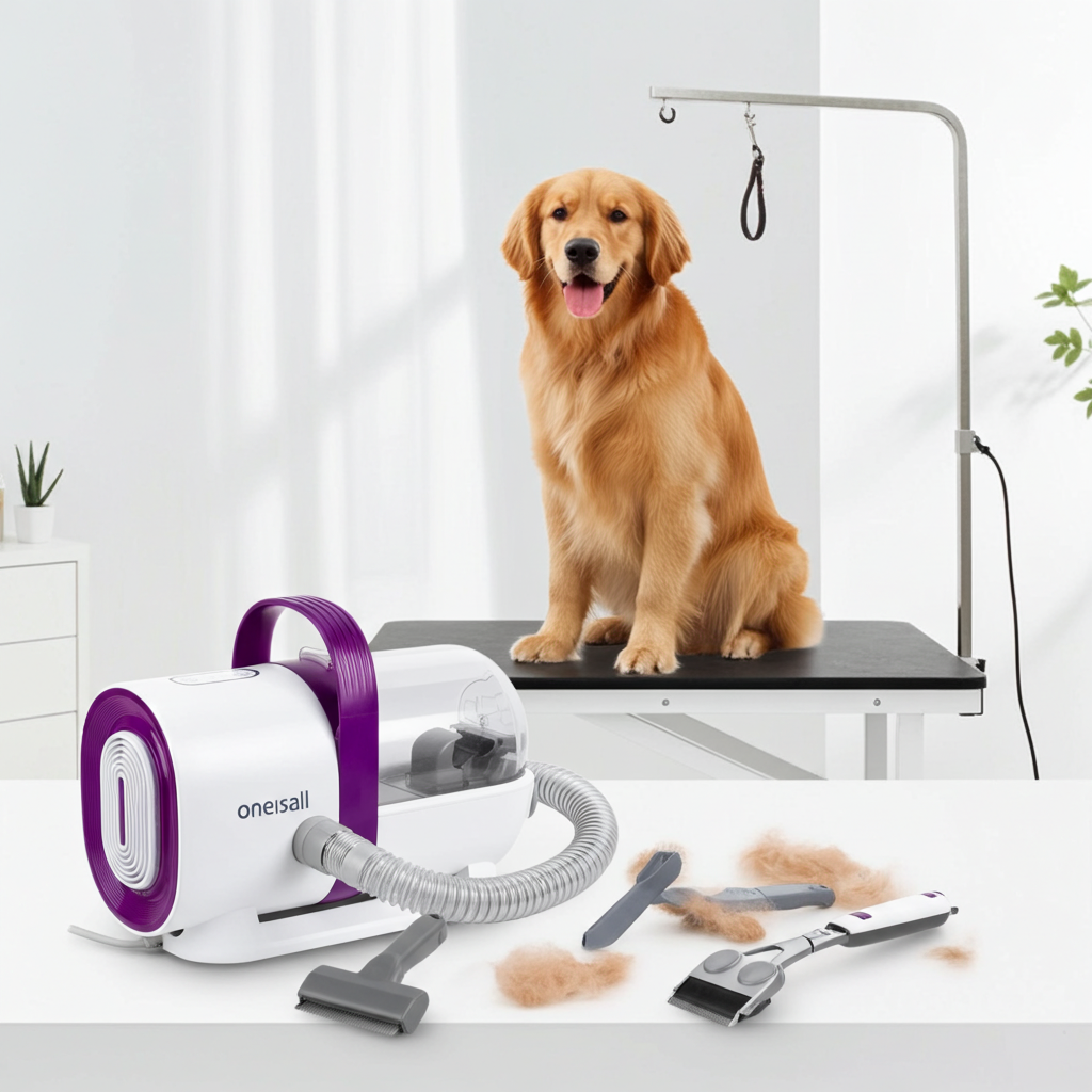 Dog grooming setup with a golden retriever on a grooming table, grooming tools, and a white background.