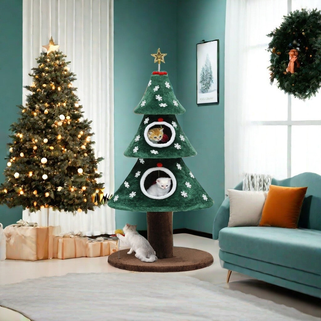 Christmas Cat Tree with Cat House Cat Tower for Indoor Cats with Cat Condos