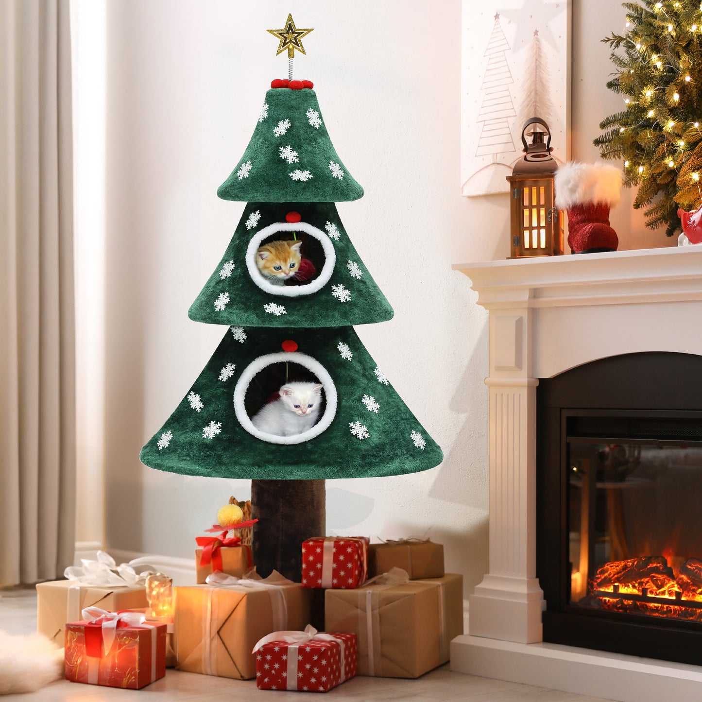 Christmas Cat Tree with Cat House Cat Tower for Indoor Cats with Cat Condos