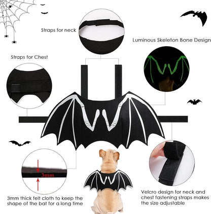 Dog Halloween Costumes, Cool Luminous Skeleton Bone Bat Wings Cosplay Cat Pets Costumes Dress up Apparel Accessories for Kitten Puppies, M