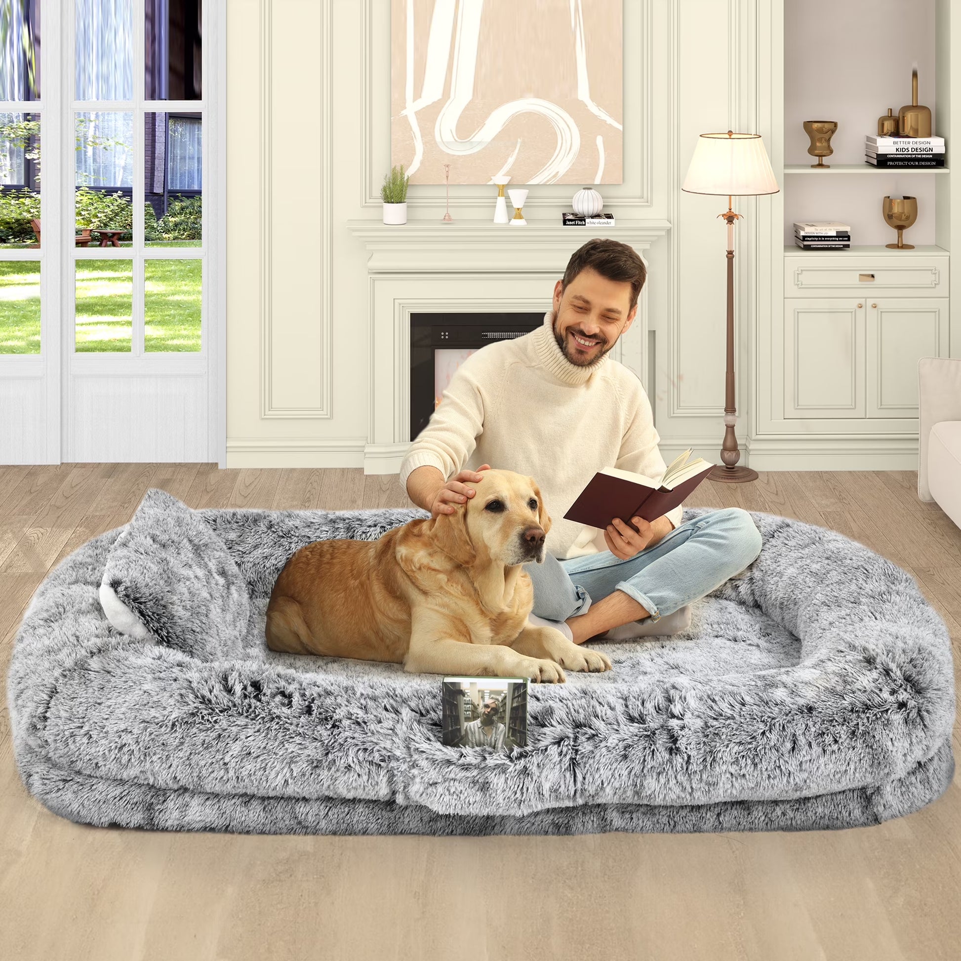 Human Dog Bed, Oversized Memory Foam Dog Bed, 79"X43" with Blanket and Pillow, Removable Fur Cover, Grey