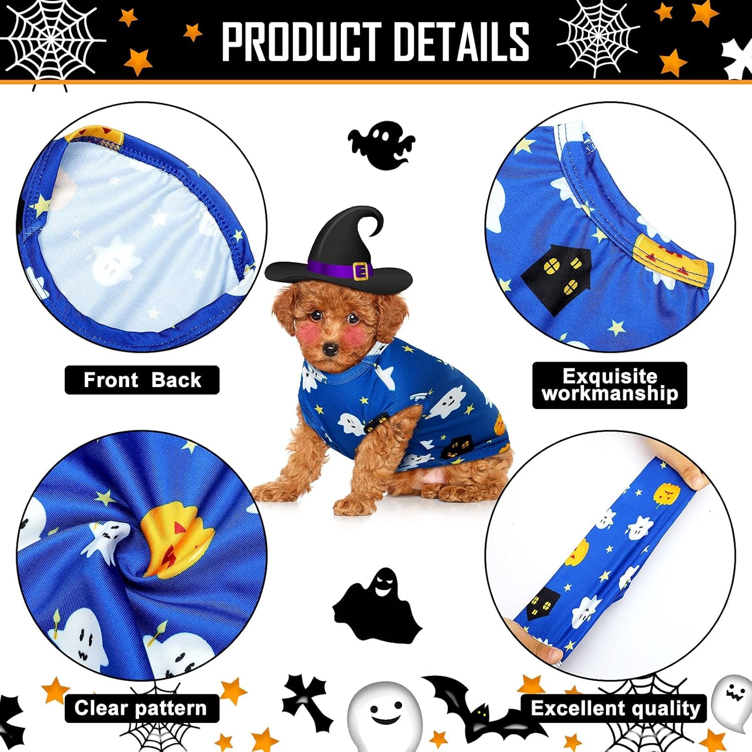 4 Pieces Halloween Dog Shirt Dog Clothes Pet Costume Pumpkin Ghosts Bats Skeletons Printed Puppy Apparel Clothes for Halloween Parties(M/ 5—7Lbs)
