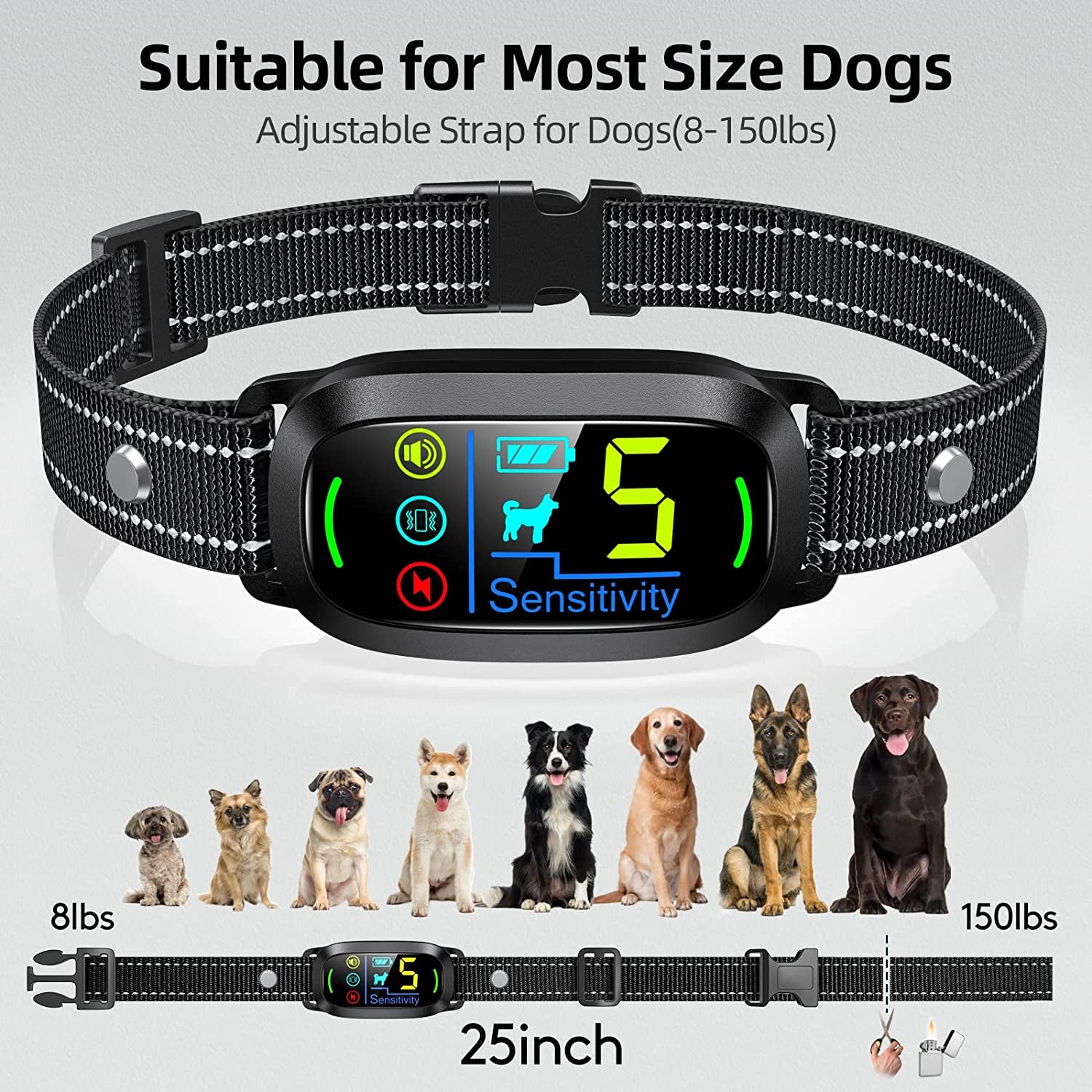 Dog Bark Collar,  Rechargeable Smart Collar, anti Barking Training Collar with 5 Adjustable Sensitivity Beep Vibration Shock, for Large Medium Small Dogs (Black)