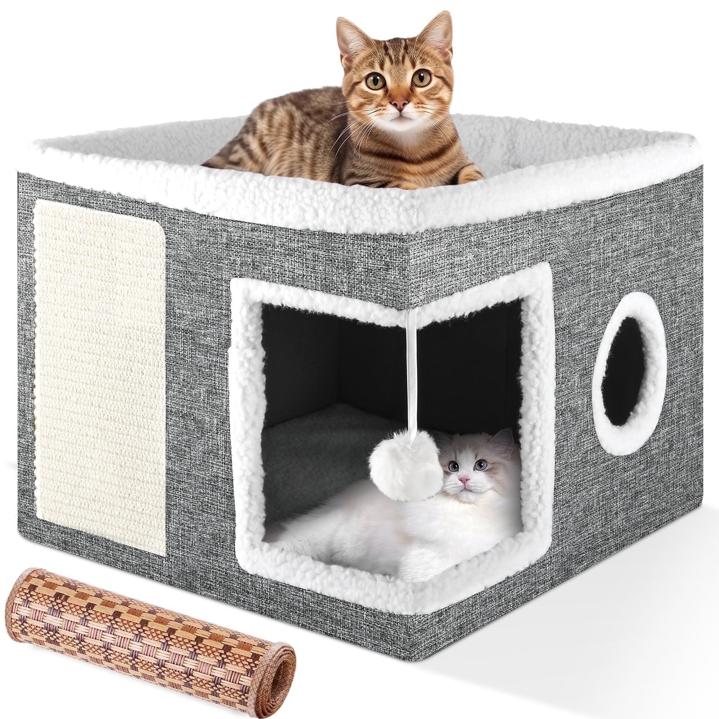 Cat Bed,  Cat House for Indoor Cats with 2 Cushion, Large Cat Cave with Scratch Pad and Fluffy Ball Hanging, Grey