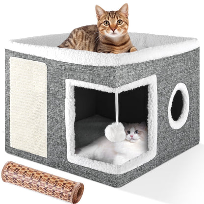 Cat Bed,  Cat House for Indoor Cats with 2 Cushion, Large Cat Cave with Scratch Pad and Fluffy Ball Hanging, Grey