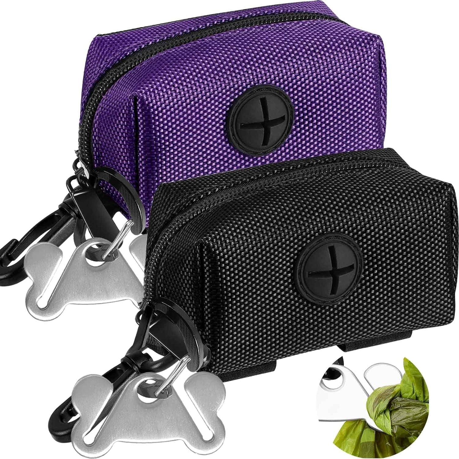 Dog Waste Bag Dispenser Pet Poop Bags Holder for Doggie Waste Bags Dispensers Soft Fabric Zipper Small Doggy Puppy Pouch for Leash Accessory Attachment with Carrier,2Pcs Purple&Black