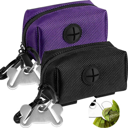 Dog Waste Bag Dispenser Pet Poop Bags Holder for Doggie Waste Bags Dispensers Soft Fabric Zipper Small Doggy Puppy Pouch for Leash Accessory Attachment with Carrier,2Pcs Purple&Black