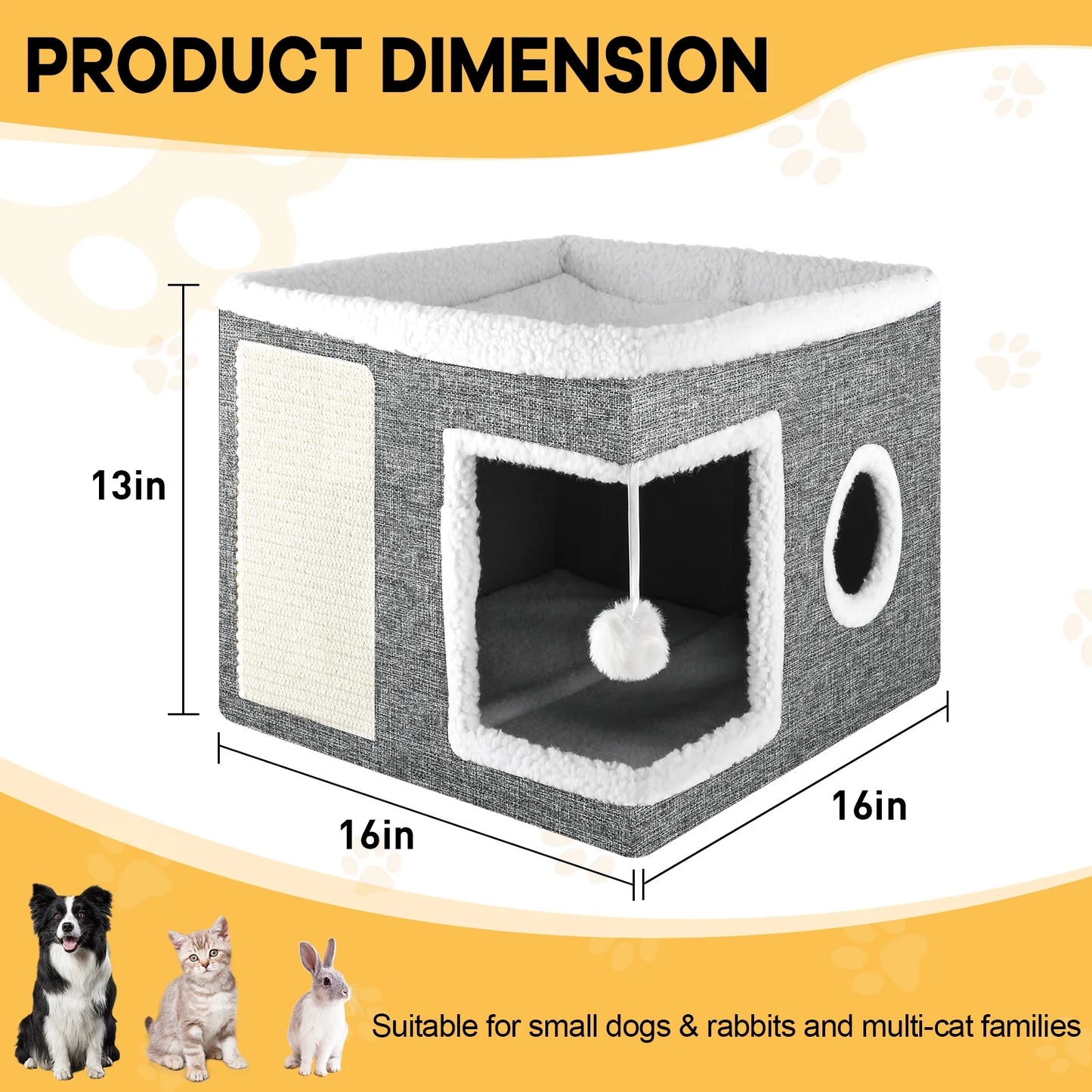 Cat Bed,  Cat House for Indoor Cats with 2 Cushion, Large Cat Cave with Scratch Pad and Fluffy Ball Hanging, Grey
