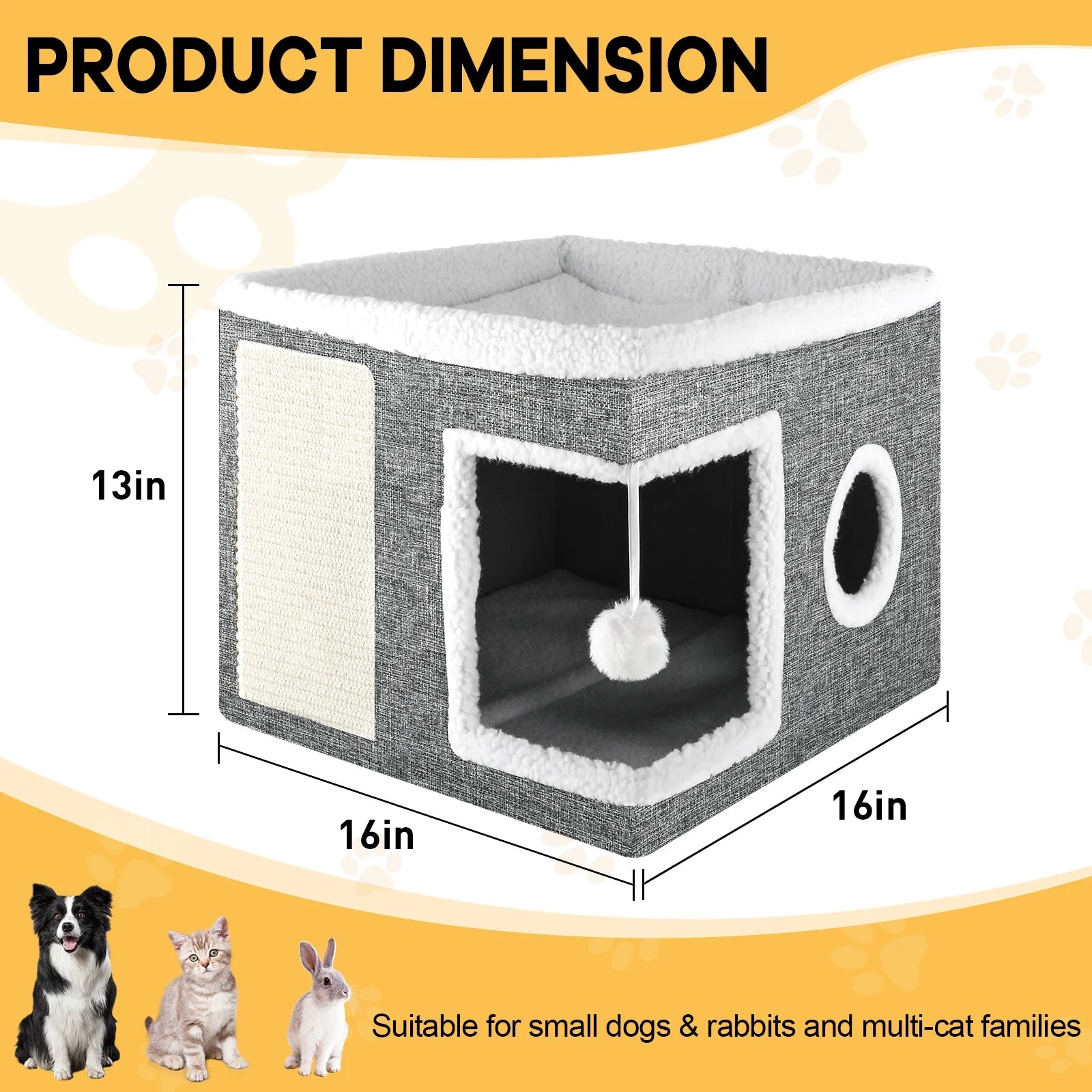 Cat Bed,  Cat House for Indoor Cats with 2 Cushion, Large Cat Cave with Scratch Pad and Fluffy Ball Hanging, Grey
