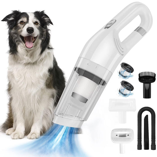 5-In-1 Handheld Pet Hair Vacuum & Grooming Brush, Low Noise Pet Vacuum for Shedding Grooming with Slicker Brush, Wireless Pet Vacuum Cleaner for Cats Dogs Hair