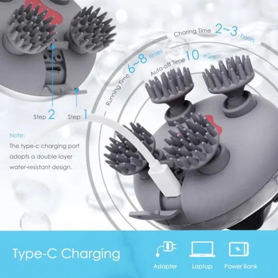 Electric Scalp Massager Rechargeable Head Massager Scalp Stress Relax with 8 Removable Massage Claws Cat Massager（Silver）