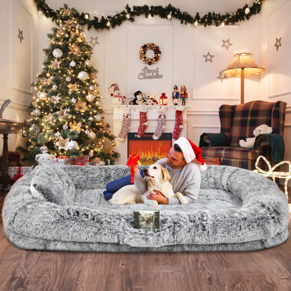 Human Dog Bed, Oversized Memory Foam Dog Bed, 79"X43" with Blanket and Pillow, Removable Fur Cover, Grey