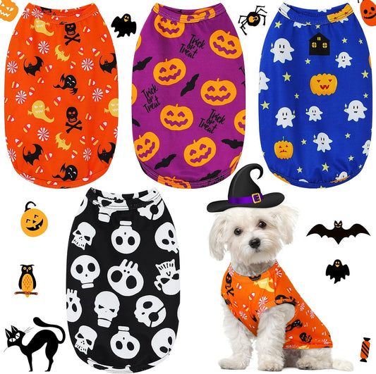 4 Pieces Halloween Dog Shirt Dog Clothes Pet Costume Pumpkin Ghosts Bats Skeletons Printed Puppy Apparel Clothes for Halloween Parties(M/ 5—7Lbs)
