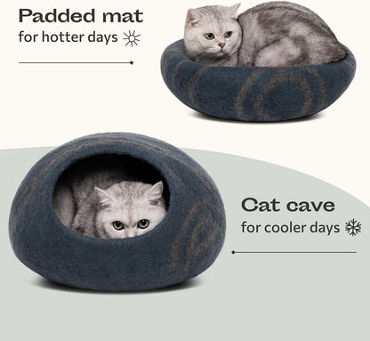 Premium Felt Cat Bed Cave - Handmade 100% Merino Wool Bed for Cats and Kittens (Large, Slate Grey)