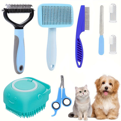 LJSXFI Pet Grooming Brush Kit, 7 Pcs for Shedding & Matted Fur, with Flea Comb and Dog Bath Brush, Cat Dog Brush Grooming Kits