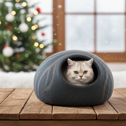 MEOWFIA Premium Felt Cat Bed Cave - Handmade 100% Merino Wool Bed for Cats and Kittens (Large, Slate Grey)