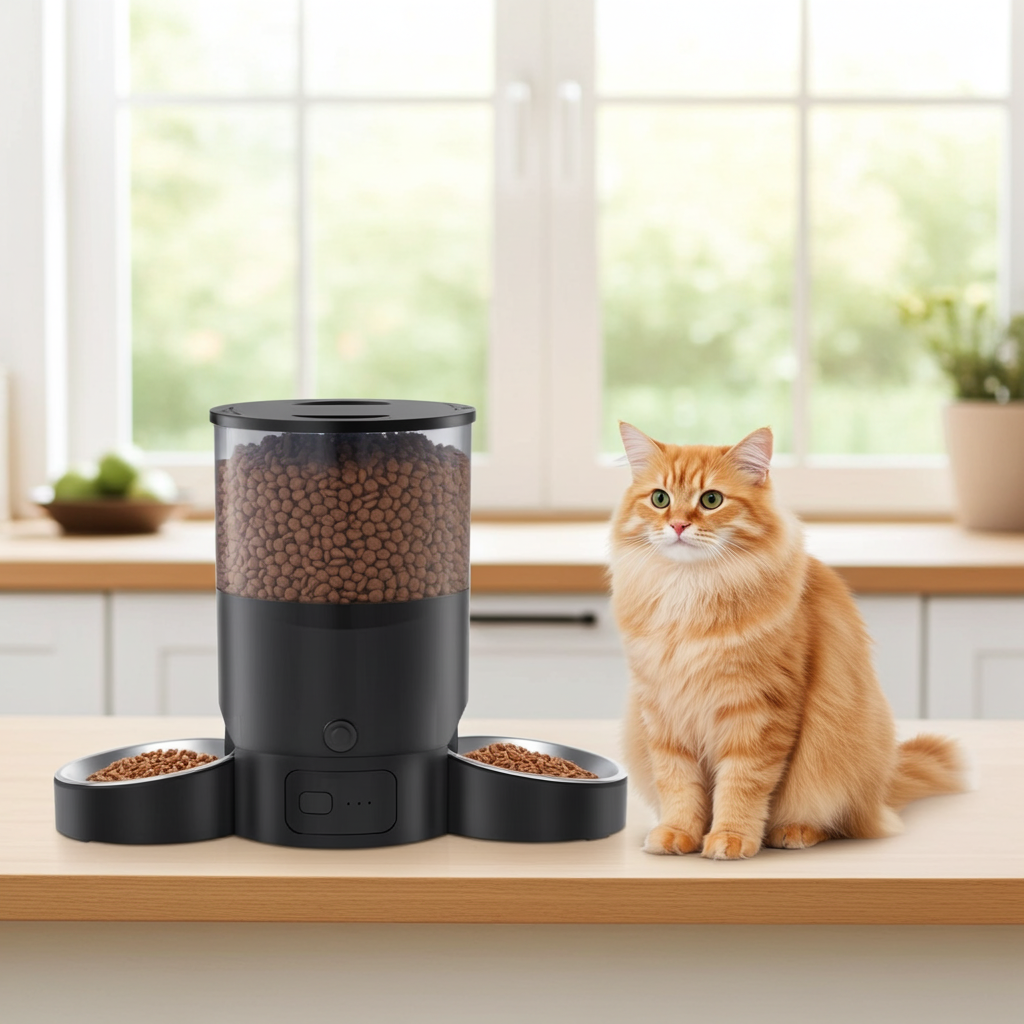 Cat sitting next to a black pet feeder with food on a wooden surface.