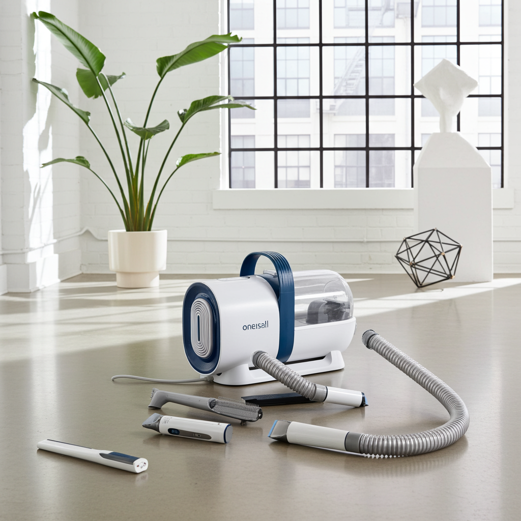 White and blue vacuum cleaner with attachments on a light wooden floor.