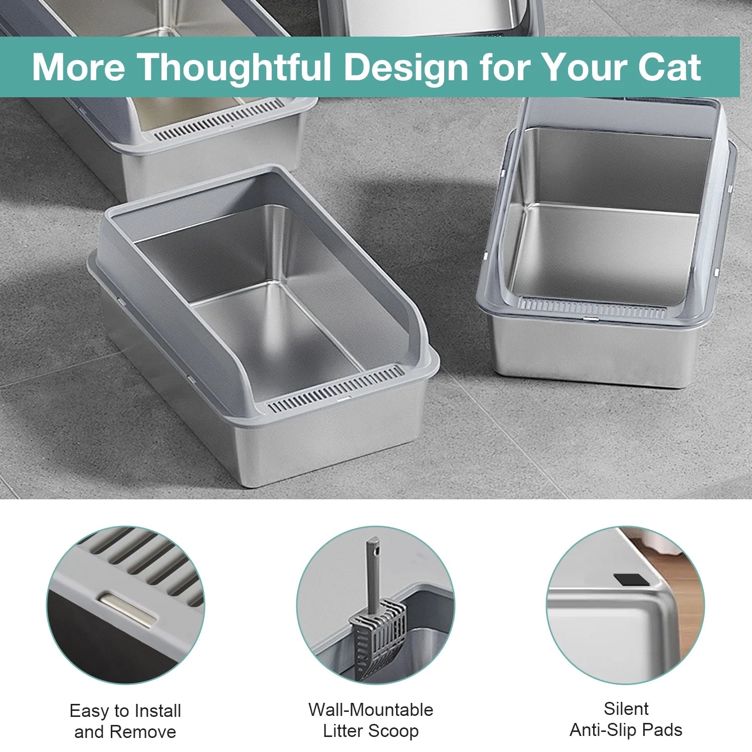 XL Stainless Steel Cat Litter Box for Multiple Cats, MS-60 Metal Cat Litter Box with Scoop & Mat, Dark Gray